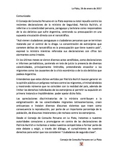 Comunicado Consejo de Consulta del Perú rechazo dichos de Patricia Bullrich